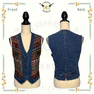 Vintage Pierre Cardin Denim Vest Women's Size Medium Blue Tapestry Bohemian 90s